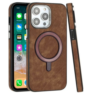 For iPhone 14 6.1" Fashion Chrome Edged Camera [Magnetic Circle] PU Leather Hybrid - Brown