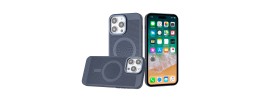 For iPhone 14 6.1" Fashion Chrome Edged Camera [Magnetic Circle] PU Leather Hybrid - Dark Blue