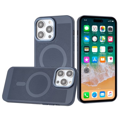 For iPhone 14 6.1" Fashion Chrome Edged Camera [Magnetic Circle] PU Leather Hybrid - Dark Blue