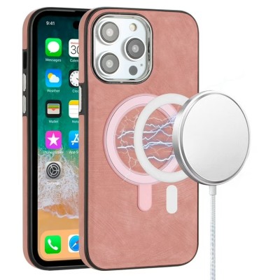 For iPhone 14 6.1" Fashion Chrome Edged Camera [Magnetic Circle] PU Leather Hybrid - Pink