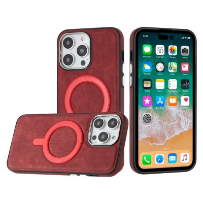 For iPhone 14 6.1" Fashion Chrome Edged Camera [Magnetic Circle] PU Leather Hybrid - Red