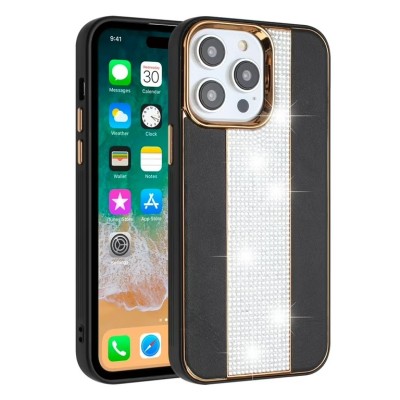 For iPhone 14 6.1" Flashy Diamond Leather Sticked On Hybrid with Chrome Camera Edge - Black