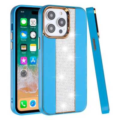 For iPhone 14 6.1" Flashy Diamond Leather Sticked On Hybrid with Chrome Camera Edge - Blue