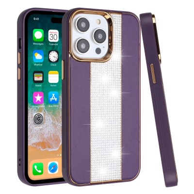 For iPhone 14 6.1" Flashy Diamond Leather Sticked On Hybrid with Chrome Camera Edge - Dark Purple
