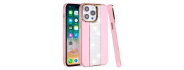 For iPhone 14 6.1" Flashy Diamond Leather Sticked On Hybrid with Chrome Camera Edge - Pink