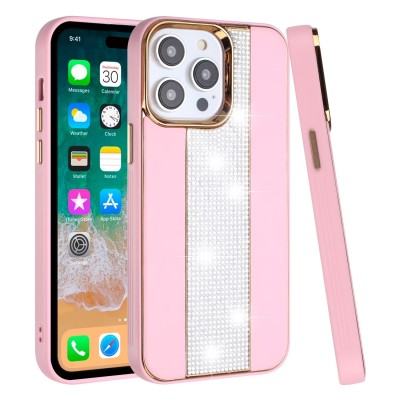 For iPhone 14 6.1" Flashy Diamond Leather Sticked On Hybrid with Chrome Camera Edge - Pink