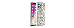 For iPhone 14 6.1" Flashy Diamond Leather Sticked On Hybrid with Chrome Camera Edge - White