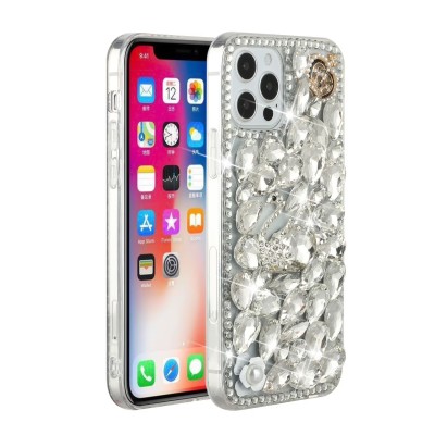 For iPhone 14 6.1" Flashy Diamond Leather Sticked On Hybrid with Chrome Camera Edge - White