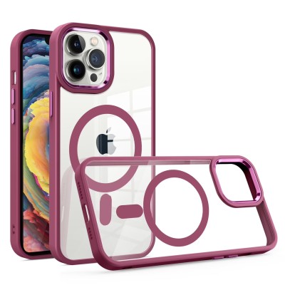 For iPhone 14 6.1" Greatest Clear Acrylic [Magnetic Circle] ShockProof ToughThick Metal Button Hybrid - Burgundy