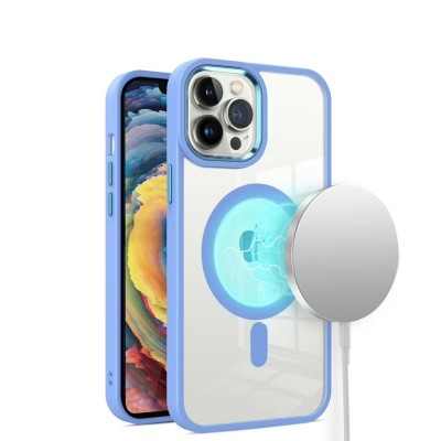 For iPhone 14 6.1" Greatest Clear Acrylic [Magnetic Circle] ShockProof ToughThick Metal Button Hybrid - Light Blue
