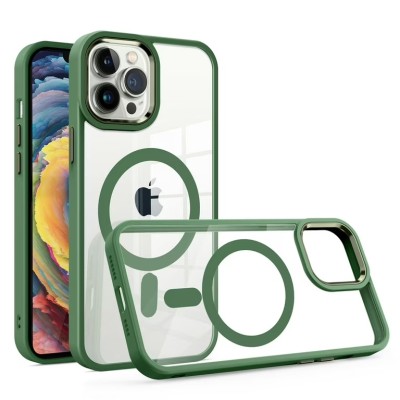 For iPhone 14 6.1" Greatest Clear Acrylic [Magnetic Circle] ShockProof ToughThick Metal Button Hybrid - Midnight Green