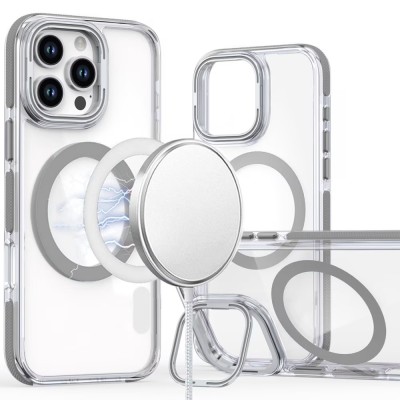 For iPhone 14 6.1" METKASE Magnetic Circle Ring Transparent Premium Acrylic Case Cover with Metal Buttons & Camera Raised Lip in Slide-Out Package - Clear