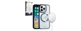 For iPhone 14 6.1" METKASE Magnetic Circle Ring Transparent Premium Acrylic Case Cover with Metal Buttons & Camera Raised Lip in Slide-Out Package - Light Blue
