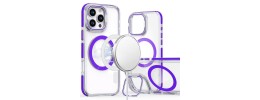 For iPhone 14 6.1" METKASE Magnetic Circle Ring Transparent Premium Acrylic Case Cover with Metal Buttons & Camera Raised Lip in Slide-Out Package - Light Purple