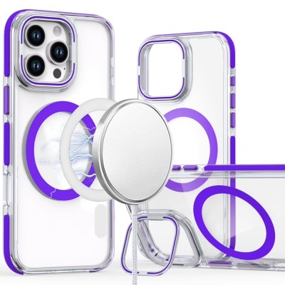 For iPhone 14 6.1" METKASE Magnetic Circle Ring Transparent Premium Acrylic Case Cover with Metal Buttons & Camera Raised Lip in Slide-Out Package - Light Purple