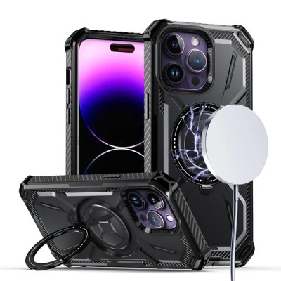 For iPhone 14 6.1" METKASE Magnetic Metal Surrounded Ring Stand Hybrid in Slide-Out Package - Black