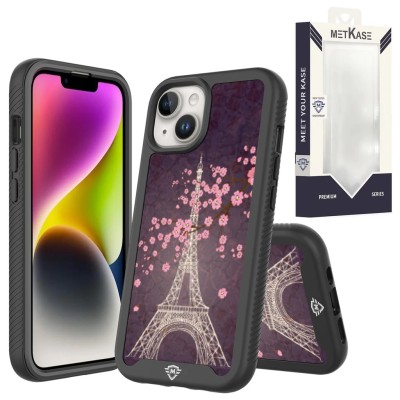 For iPhone 14 6.1" METKASE Premium√Ç¬†Exquisite Design Hybrid in Slide-Out Package - Dark Grunge Eiffel Tower Paris Sakura Flowers