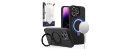 For iPhone 14 6.1" METKASE Premium Magnetic Circle Ring Stand LIQUID Silicone in Slide-Out Package - Black