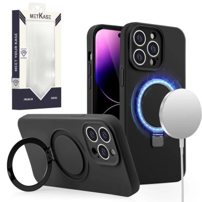 For iPhone 14 6.1" METKASE Premium Magnetic Circle Ring Stand LIQUID Silicone in Slide-Out Package - Black
