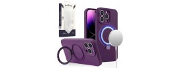 For iPhone 14 6.1" METKASE Premium Magnetic Circle Ring Stand LIQUID Silicone in Slide-Out Package - Dark Purple