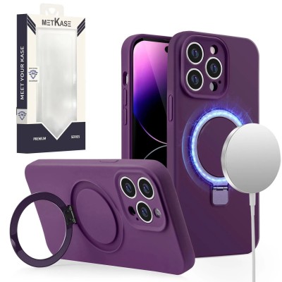 For iPhone 14 6.1" METKASE Premium Magnetic Circle Ring Stand LIQUID Silicone in Slide-Out Package - Dark Purple