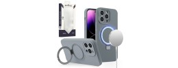 For iPhone 14 6.1" METKASE Premium Magnetic Circle Ring Stand LIQUID Silicone in Slide-Out Package - Grey