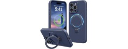 For iPhone 14 6.1" METKASE Premium Magnetic Circle Ring Stand LIQUID Silicone in Slide-Out Package - Navy Blue