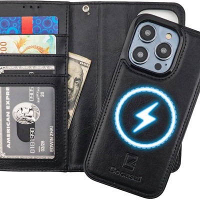 For iPhone 14 6.1" [Magnetic Circle] Wallet For ID and Credit Cards With Lanyard - Black