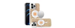For iPhone 14 6.1" Magnetic Ring Circle Real Flower Epoxy Glitter Hybrid Case Cover - Gold