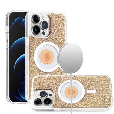 For iPhone 14 6.1" Magnetic Ring Circle Real Flower Epoxy Glitter Hybrid Case Cover - Gold