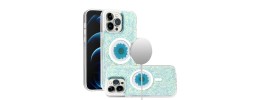 For iPhone 14 6.1" Magnetic Ring Circle Real Flower Epoxy Glitter Hybrid Case Cover - Light Blue