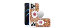 For iPhone 14 6.1" Magnetic Ring Circle Real Flower Epoxy Glitter Hybrid Case Cover - Rose Gold
