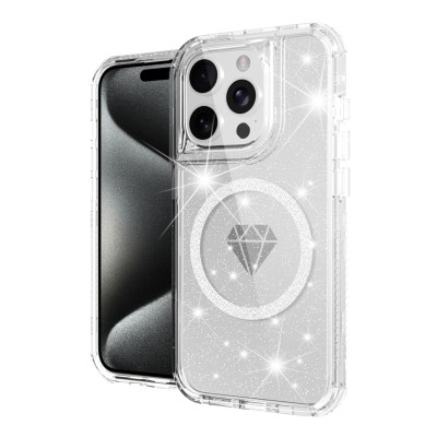 For iPhone 14 6.1" Magnetic Ring Circle Real Flower Epoxy Glitter Hybrid Case Cover - Silver