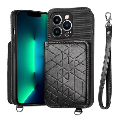 For iPhone 14 6.1" Magnetic Ring Compatible Deattachable PU Leather Hybrid Wallet Money Card Holder with Lanyard - Black