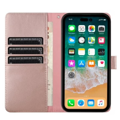For iPhone 14 6.1" Magnetic Ring Compatible Deattachable PU Leather Hybrid Wallet Money Card Holder with Lanyard - Rose Gold