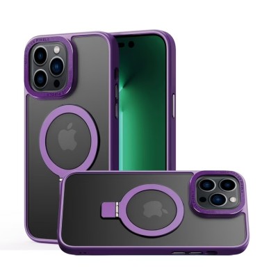 For iPhone 14 6.1" Metal Chrome Kickstand [Magnetic Circle] Shockproof Matching Camera Hybrid - Purple