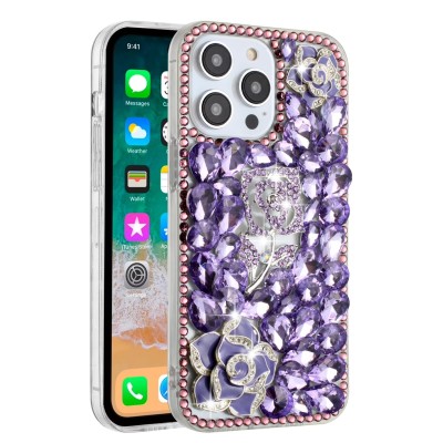 For iPhone 14 6.1" Rose Flower Full Diamond Bling Stones - Purple