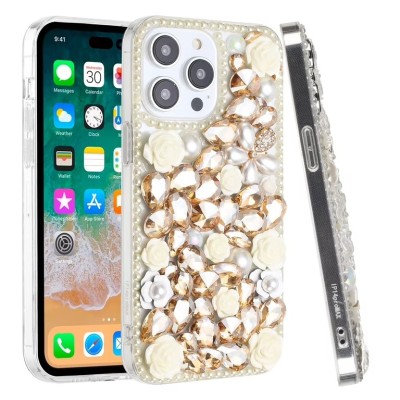 For iPhone 14 6.1" Rose Flower Full Diamond Bling Stones - Yellow