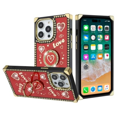 For iPhone 14 6.1" SQUARE Hearts Passion [Magnetic Circle] Design Ornaments Chrome Hybrid - Red