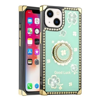For iPhone 14 6.1" SQUARE Hearts Passion [Magnetic Circle] Design Ornaments Chrome Hybrid - Teal