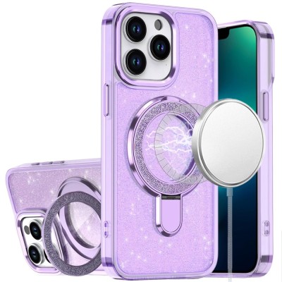 For iPhone 14 6.1" Transparent Glitter [Magnetic Circle] ShockProof Tough 2.0mm Thick Hybrid - Purple