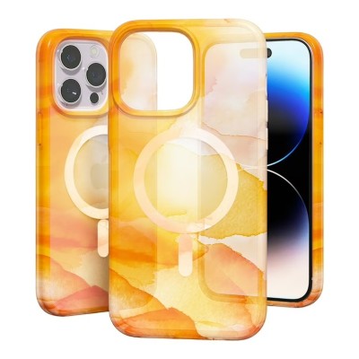For iPhone 14 6.1" WaterColor Design [Magnetic Circle] Gradiant Thick Premium Hybrid - Orange