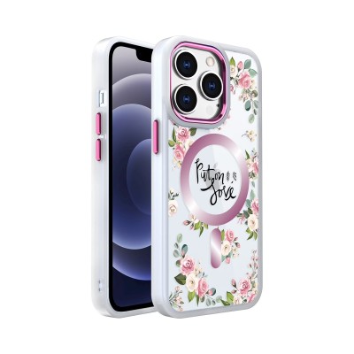 For iPhone 14 PLUS Beautiful Floral [Magnetic Circle] ShockProof Transparent Hybrid Design - C