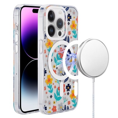 For iPhone 14 PLUS Beautiful Floral [Magnetic Circle] ShockProof Transparent Hybrid Design - J