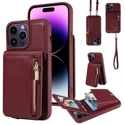 For iPhone 14 PLUS Bow Glitter Ornament Shimmer Wallet Case with Lanyard - Dark Purple