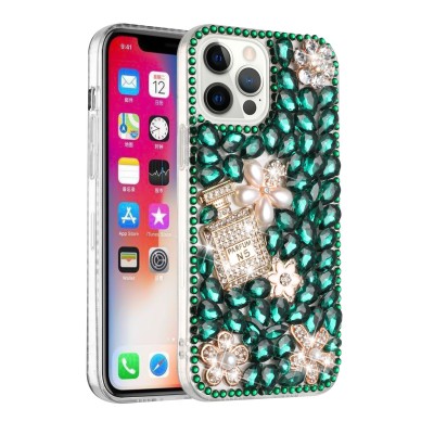 For iPhone 14 PLUS Full Diamond with Ornaments Case Cover - Gold Five Ornament Floral