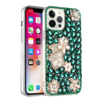 For iPhone 14 PLUS Full Diamond with Ornaments Case Cover - Pearl Flowers with Perfume Gold