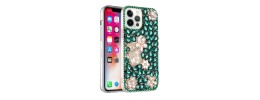 For iPhone 14 PLUS Full Diamond with Ornaments Case Cover - Pearl Flowers with Perfume Green