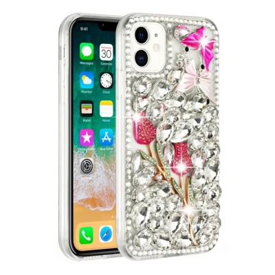 For iPhone 14 PLUS Full Diamond with Ornaments Case Cover - Red Exquisite Garden
