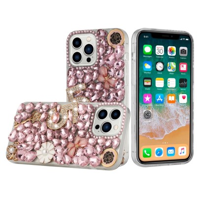For iPhone 14 PLUS Full Diamond with Ornaments Hard TPU Case Cover - Hearty Pink Pearl Heart
